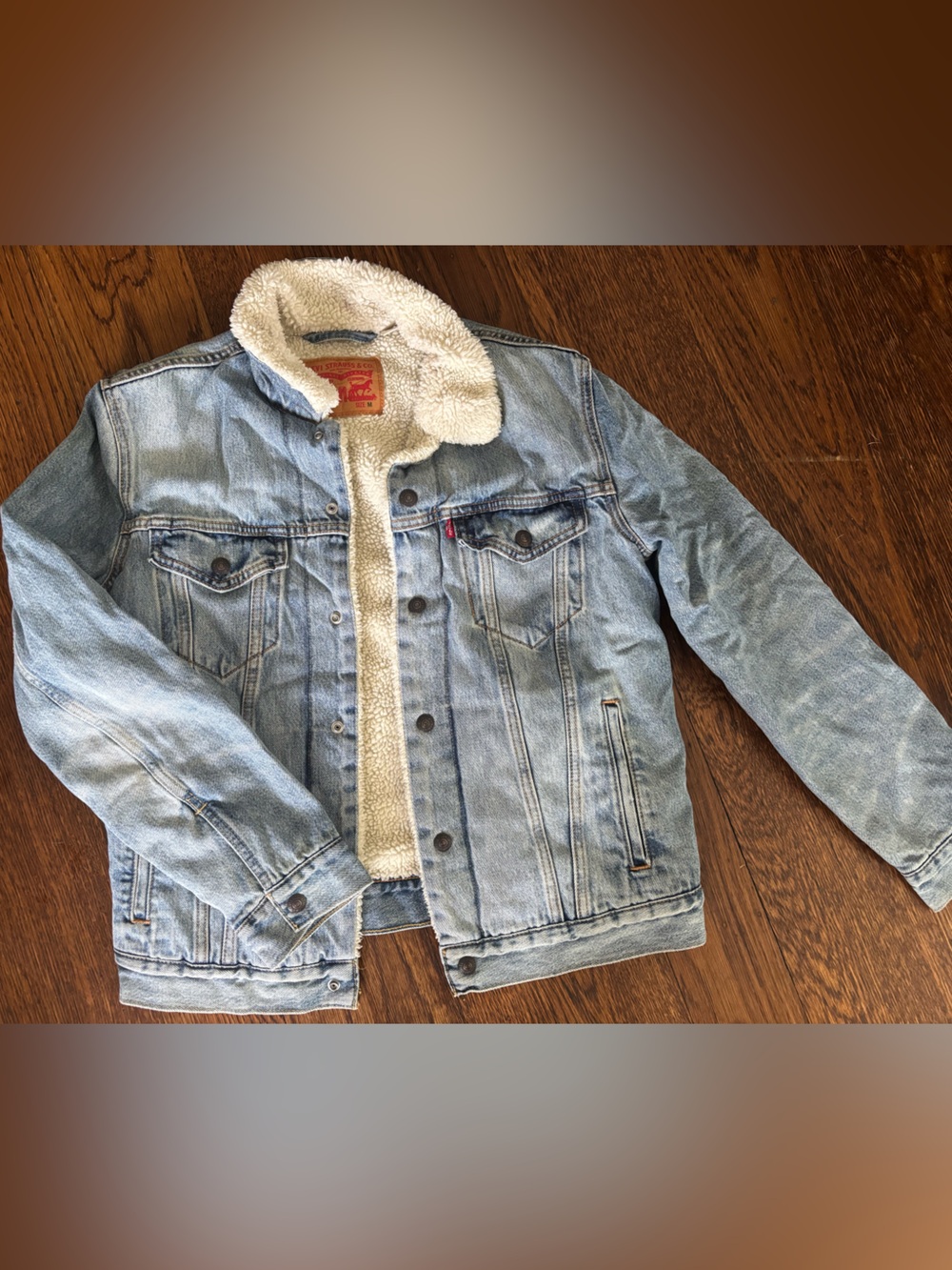 Levi's Tan Leather Patch with Red Logo on Cream Sherpa